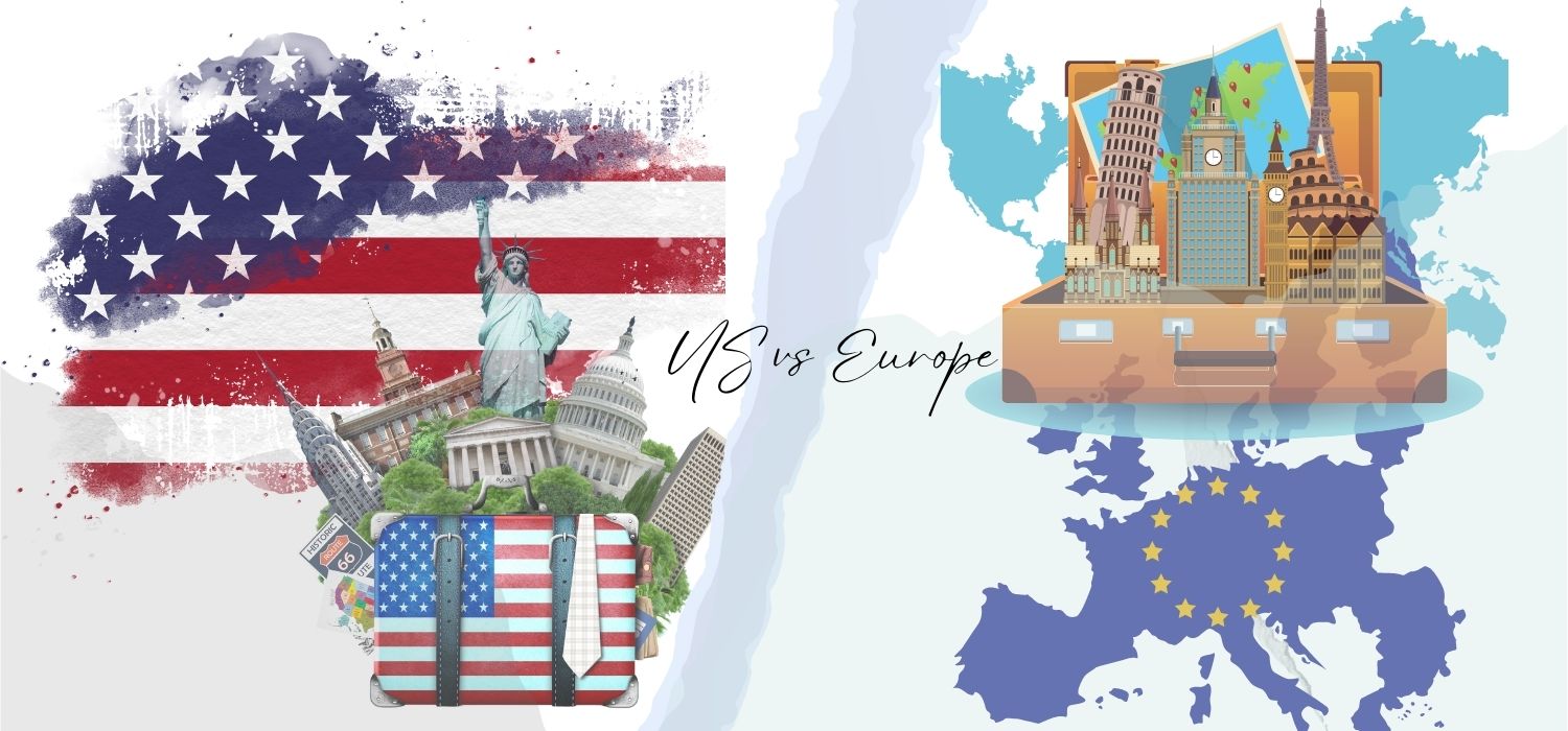 srovnání USA a Evropy, zobrazující rozdíly v krajině, architektuře a životním stylu