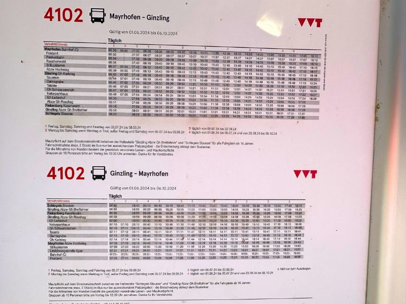 jízdní řád autobusu směrem k Olpererhütte