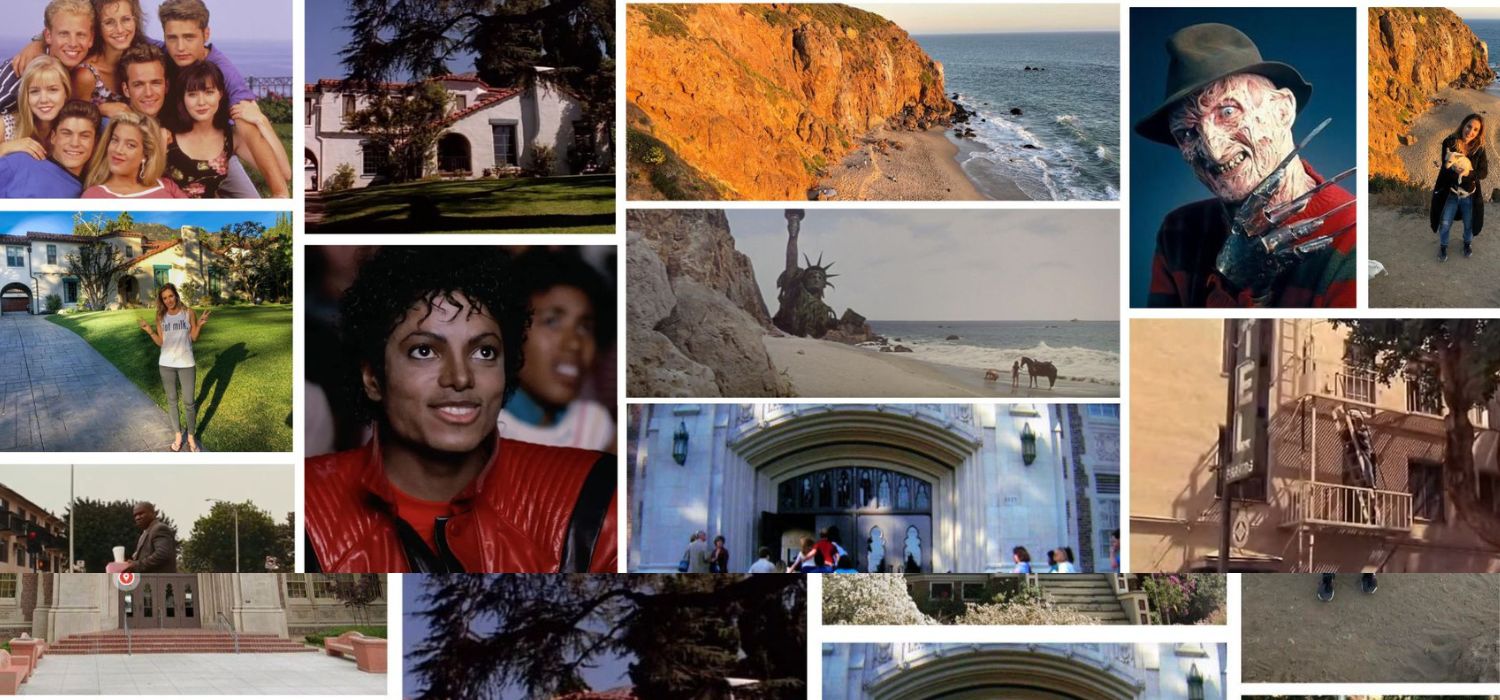Kolekce obrázků zobrazující herce, ikonické památky, scénu z pláže a postavu z hororového filmu s děsivým výrazem—různé tóny a témata.