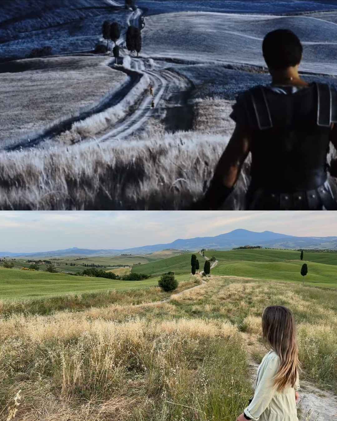 Rozdělený obraz ukazuje postavu v brnění a ženu stojící odděleně, oba směřující k bujným, zvlněným kopcům a klikatým cestám lemovaným vysokými stromy, což vyvolává pocit dobrodružství a klidu.