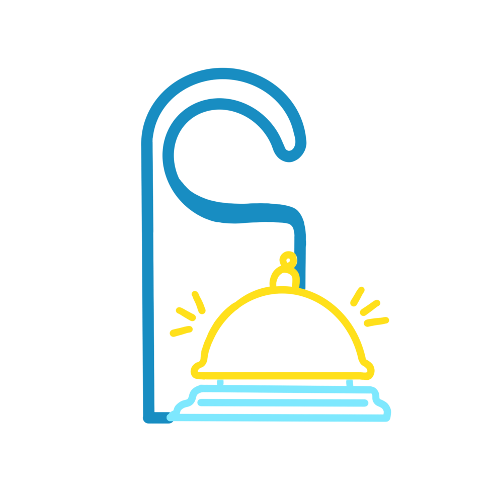 Illustration of a blue hotel door hanger with a yellow service bell on it. The bell has motion lines, suggesting ringing, conveying prompt service.