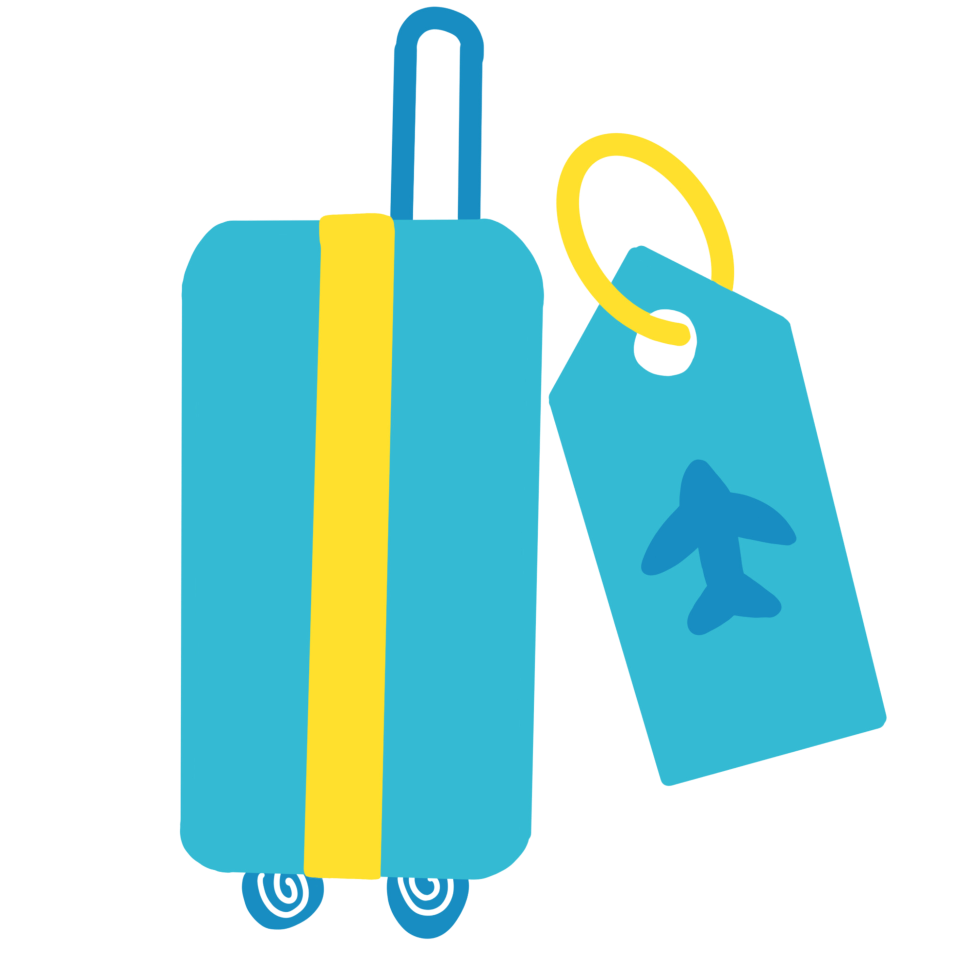 letiste-airport Blue suitcase with a yellow stripe, featuring a handle and wheels. Attached is a luggage tag with an airplane symbol, conveying travel.