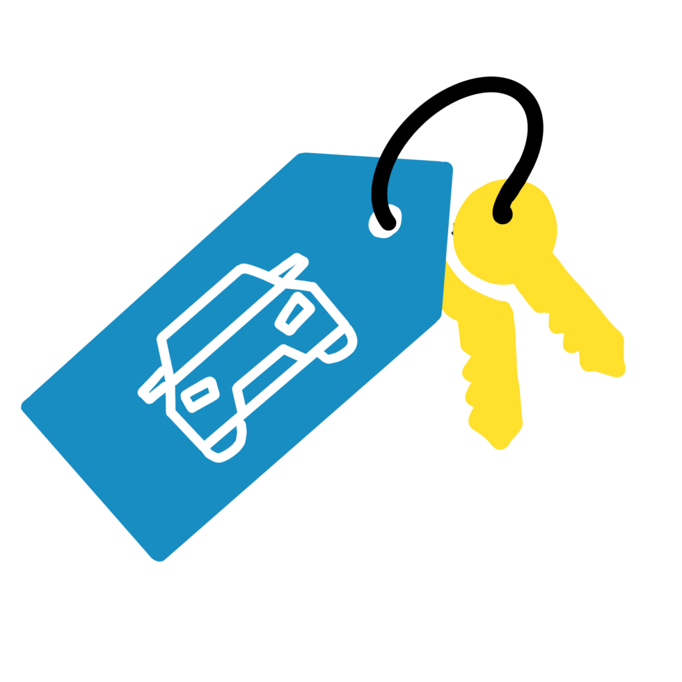 A pair of yellow keys attached to a blue key tag featuring a simple black car icon. The image conveys vehicle-related themes.