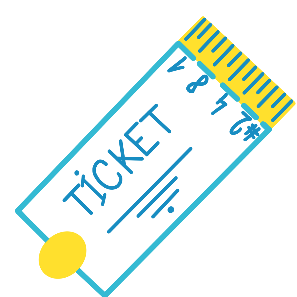 A stylized blue ticket with a yellow top edge featuring numbers. It has the word "TICKET" written in bold blue letters and a yellow circle accent.