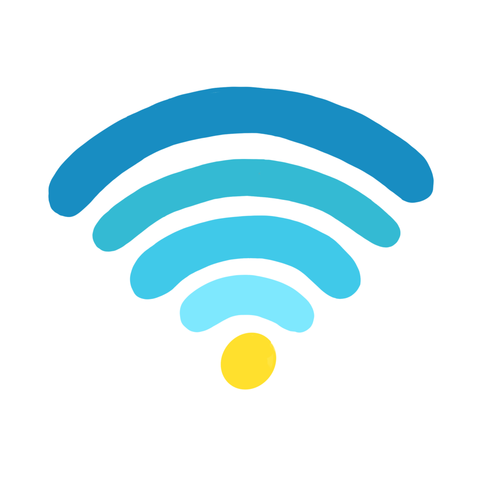 Three curved blue lines form a Wi-Fi symbol above a yellow circle, on a white background. The design suggests connectivity and modern technology.