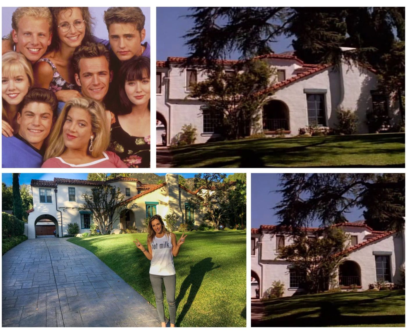Koláž z ikonického seriálu Beverly Hills 90210 s domem hlavních postav