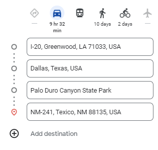 Podrobné směrové pokyny z jednoho konce na severu Texasu na druhý.