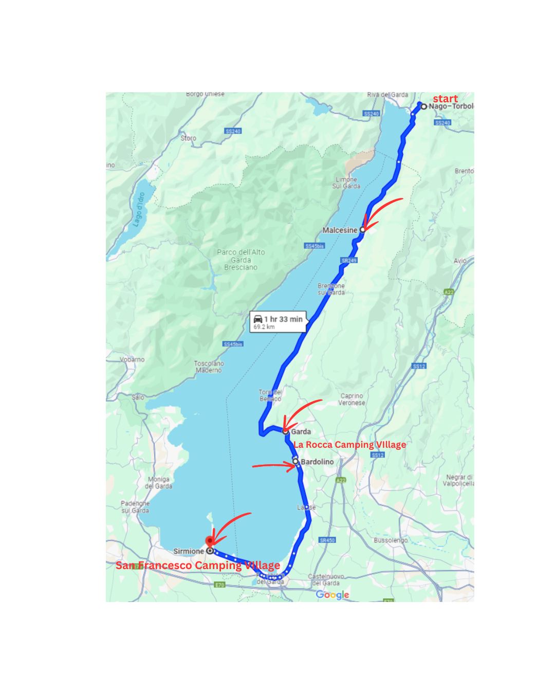 **Mapa jezera Garda s vyznačenými kempy a polohami navštívených měst.**