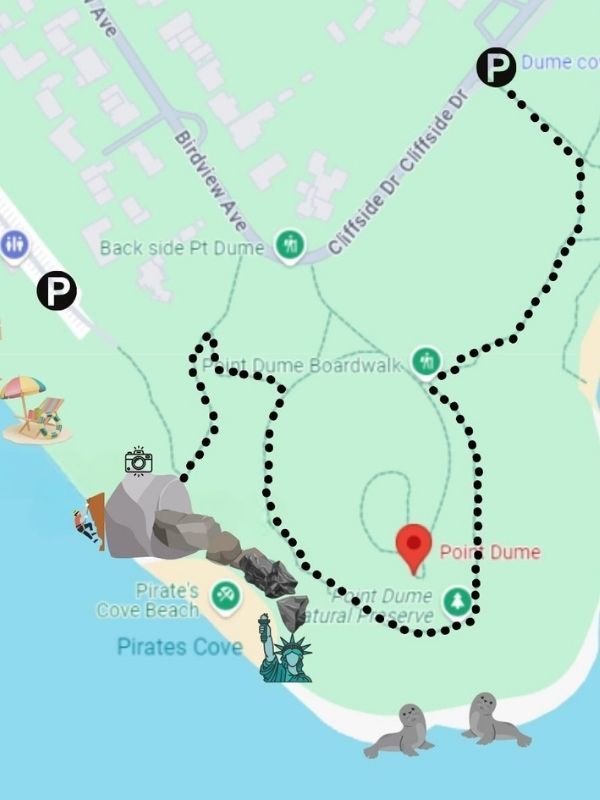 mapa zobrazující Point Dume, Pirates Cove, parkoviště a stezku