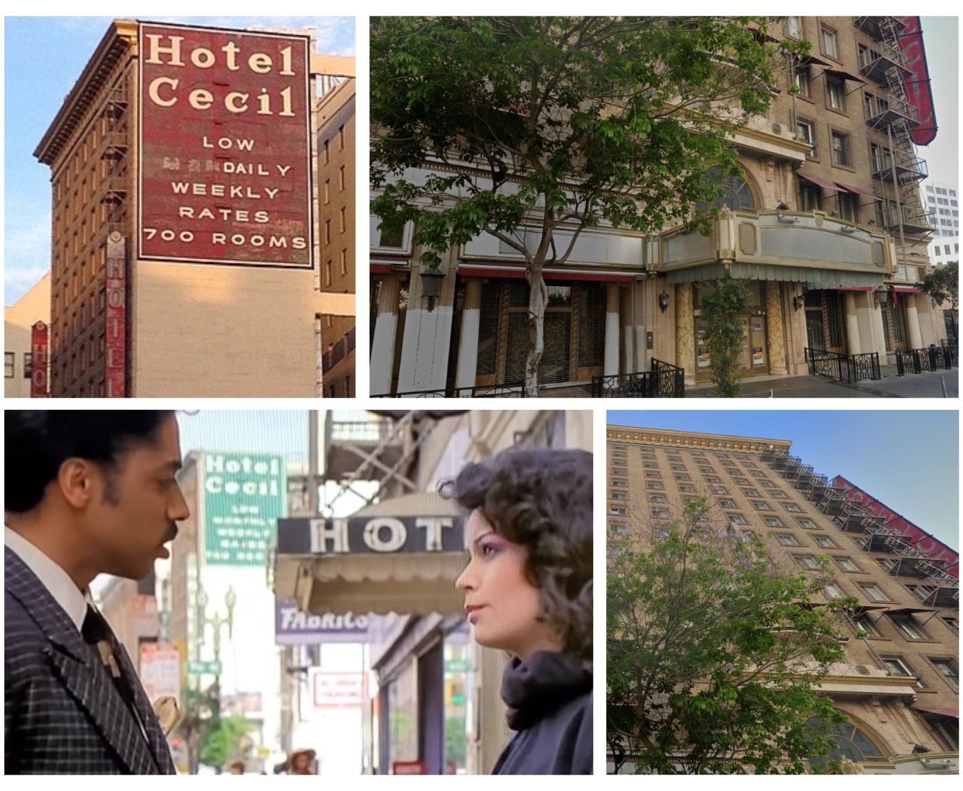 Koláž inspirovaná písní Purple Rain s hotelem Cecil v Los Angeles