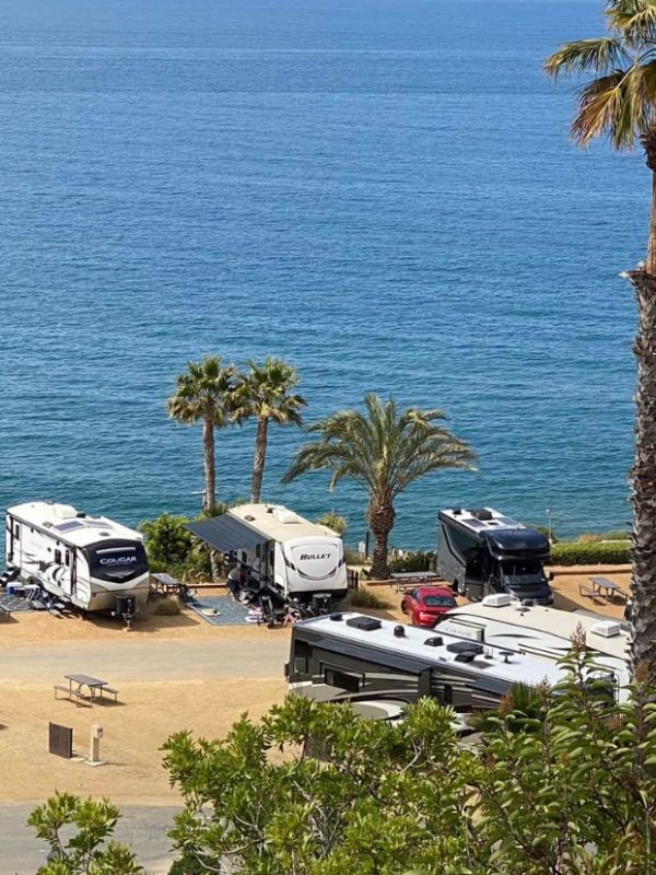 parkoviště v kempu pro obytné přívěsy, s oceánem a palmami v pozadí