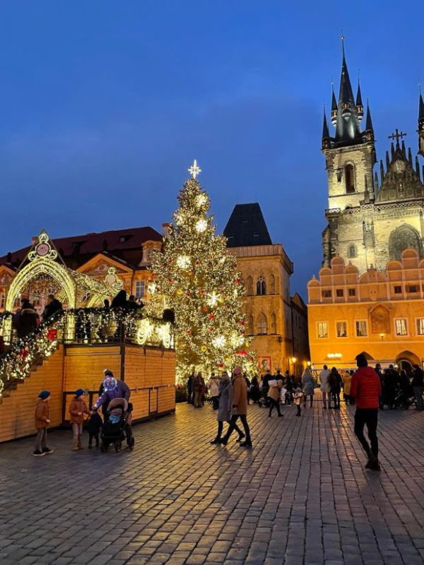 Vánoční Praha na Staroměstském náměstí s rozsvíceným vánočním stromkem
