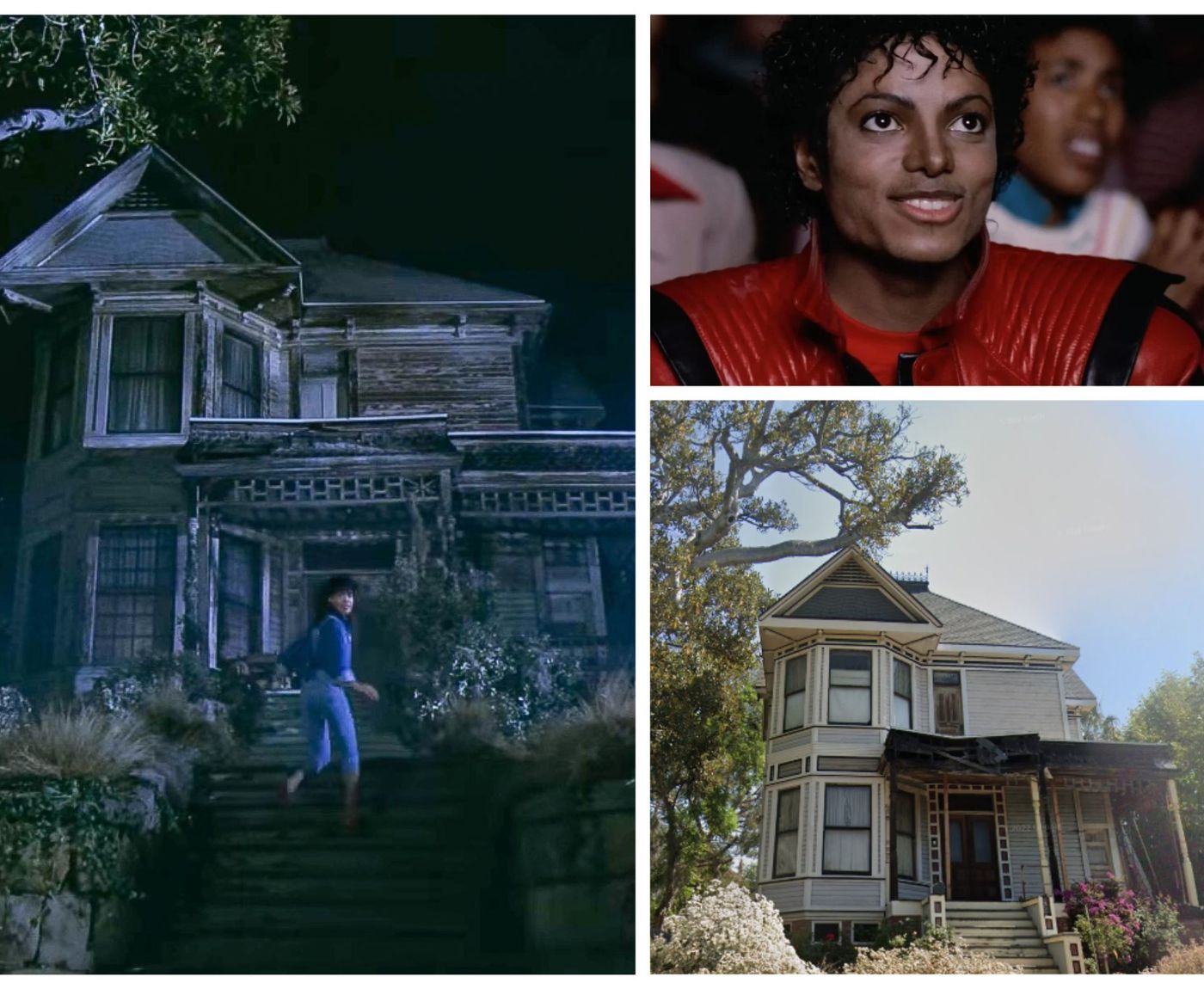Koláž fotek Michaela Jacksona a domu, kde natáčel Thriller