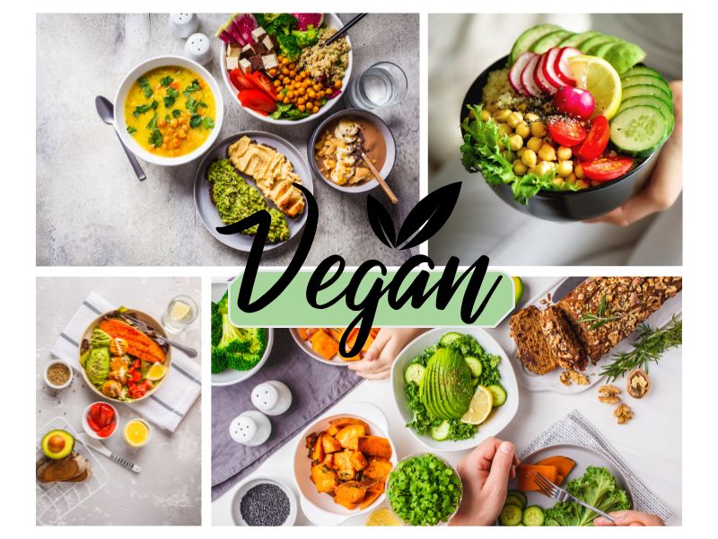 Koláž fotek veganských jídel s pestrými barvami