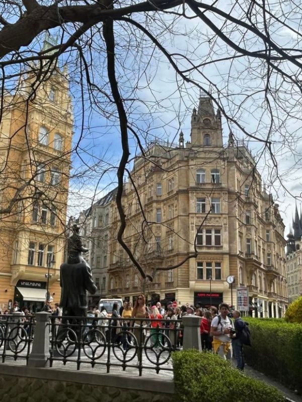 Historické budovy v Praze s bronzovou sochou a opadaným stromem