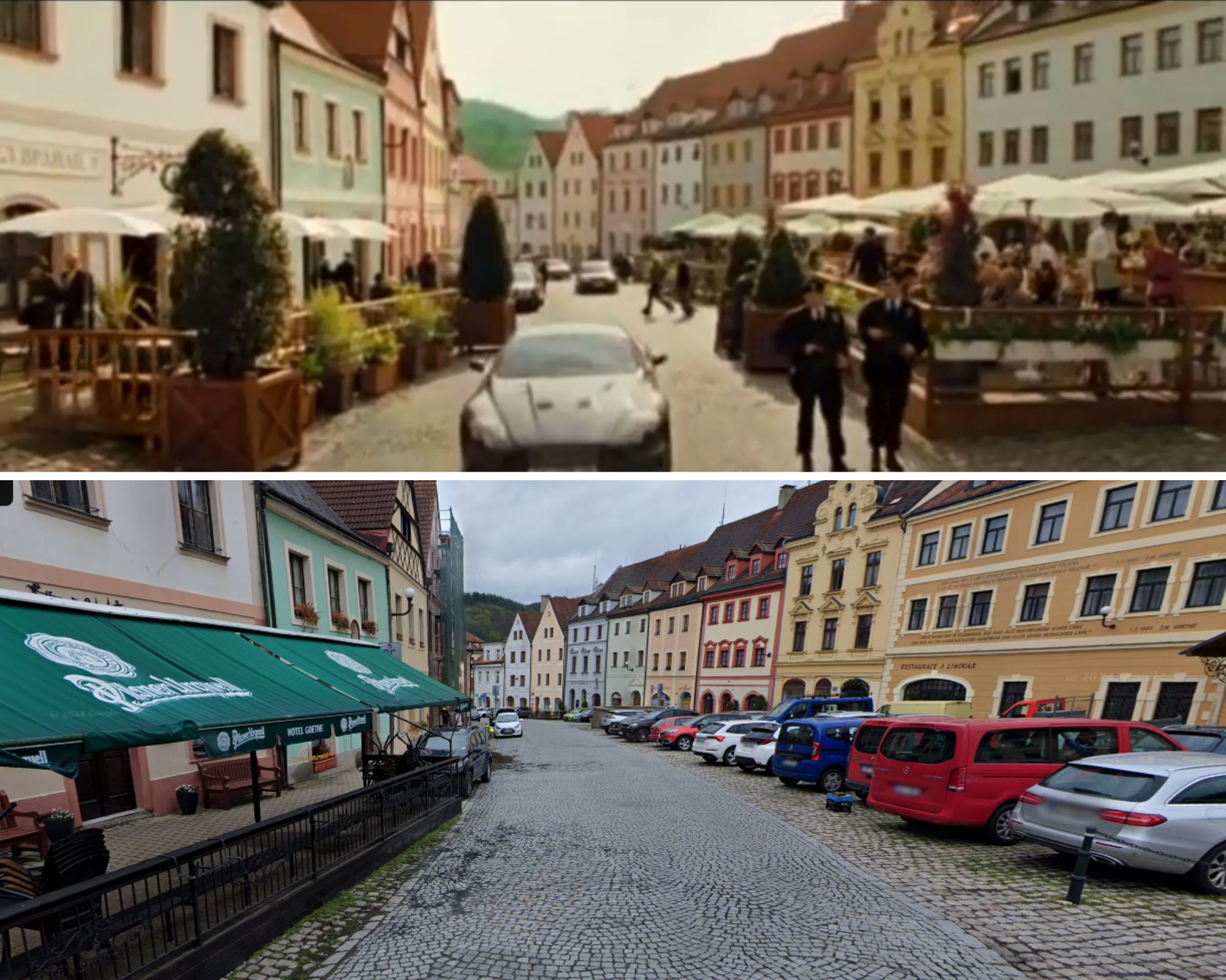 Loket ve filmu, koláž lokací v Lokti a z populárního filmu James Bond.