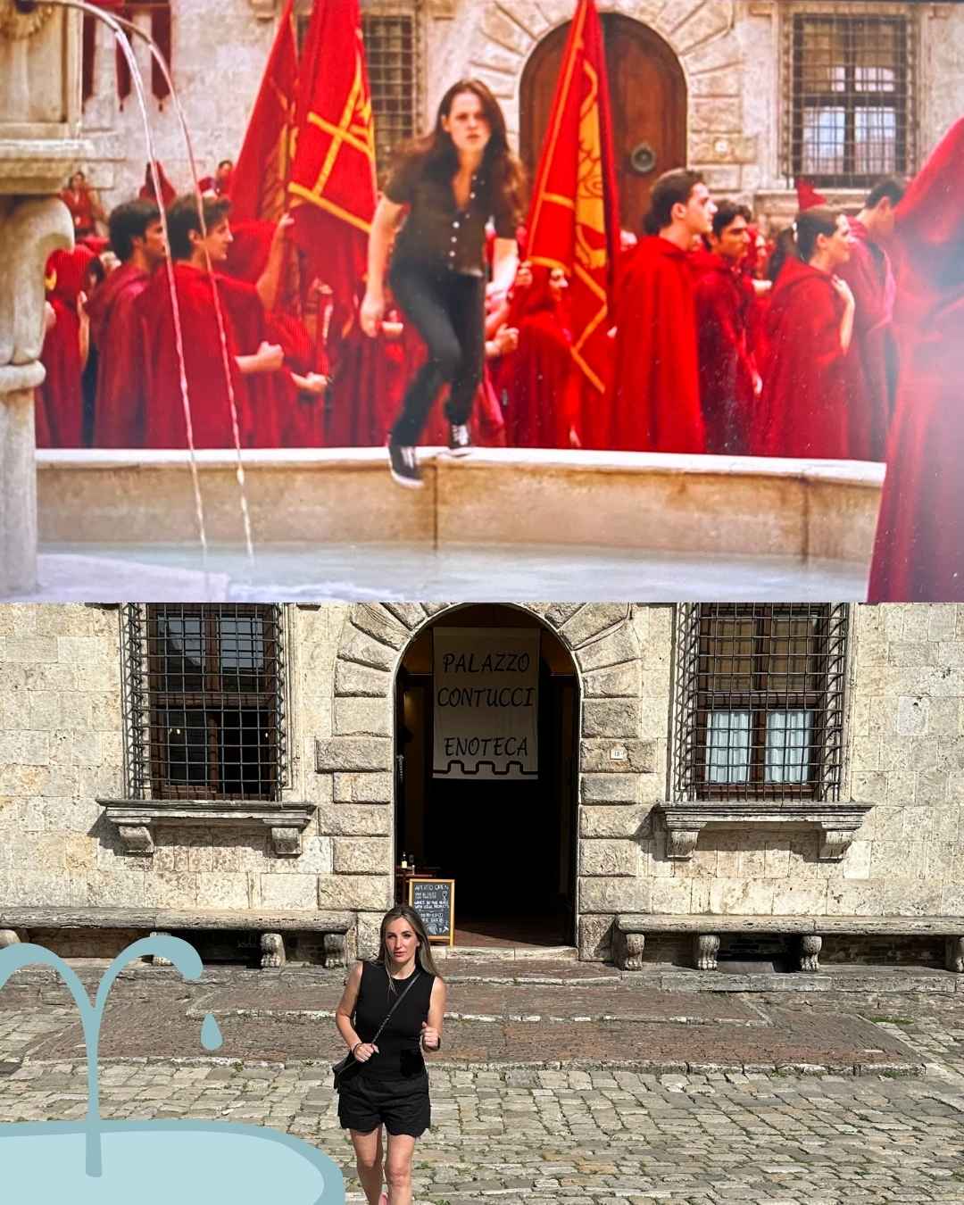 Koláž z filmu Stmívání a ženy běžící přes fontánu.