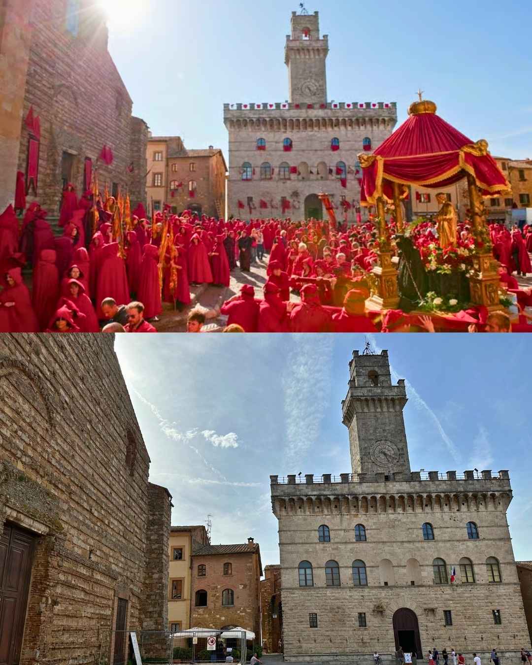 Koláž věže v Montepulcianu s lidmi v červeném a stejného místa bez lidí.