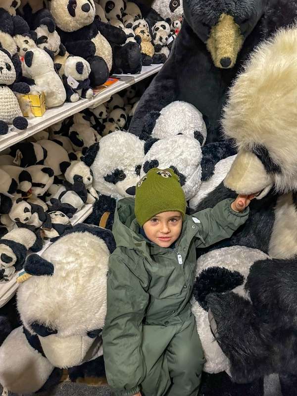 Chlapec v zelené kombinéze a čepici sedí před hromadou plyšových medvídků Panda.