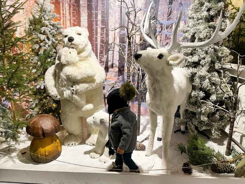 Malý chlapec kouká na lední medvědy a bílého soba v zasněžené krajině ve vánočním domě.