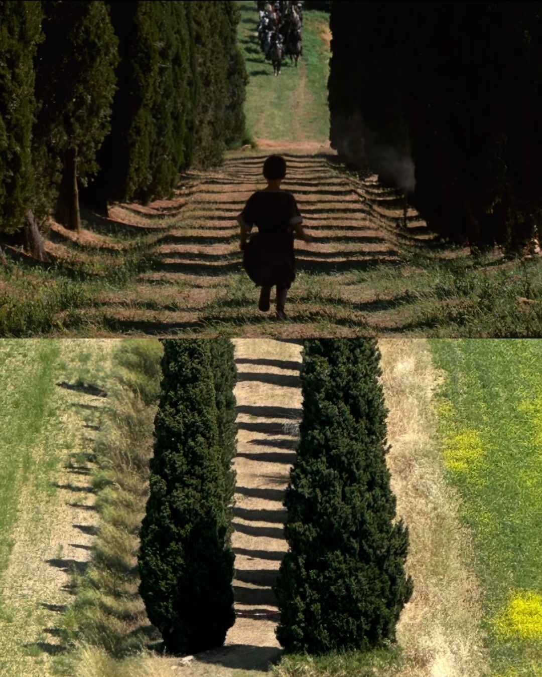 Koláž fotek z filmu Gladiátor: malý chlapec běžící cestou lemovanou cypřiši a letecký pohled na tu samou cestu.