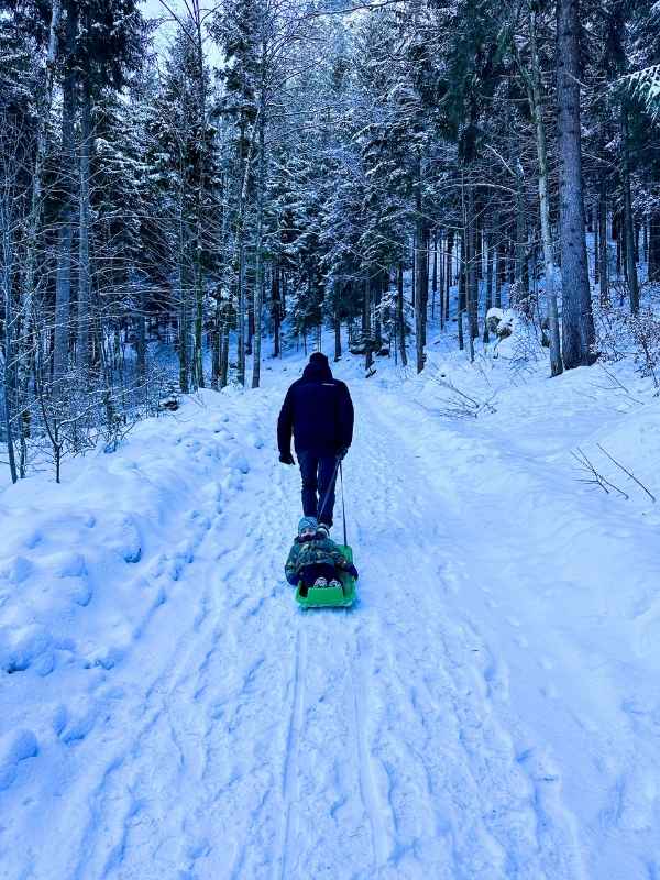 Muž táhne na bobech chlapce do kopce na lesní cestě.