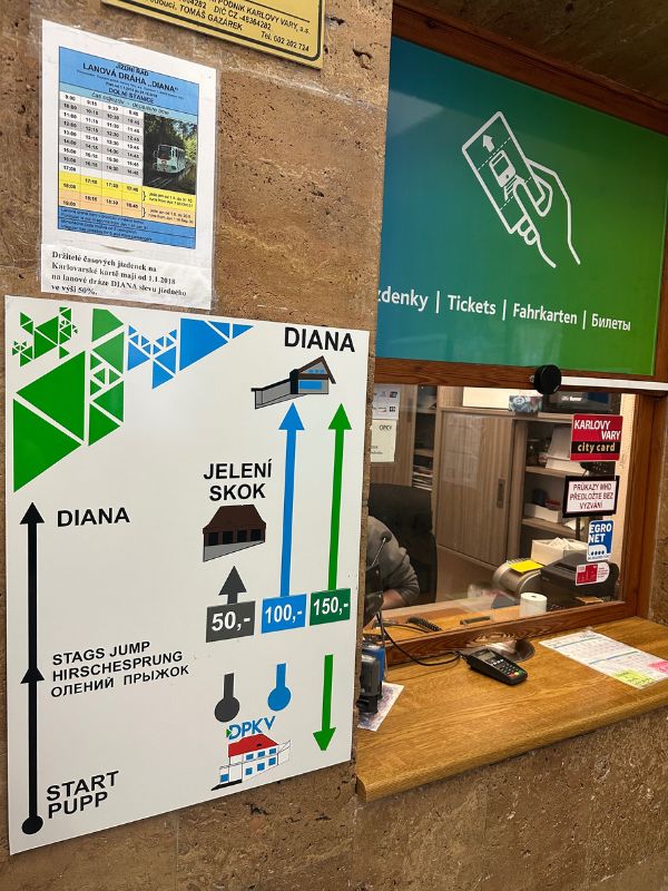 Nástěnka s cenami a mapou na Dianu v Karlových Varech.
