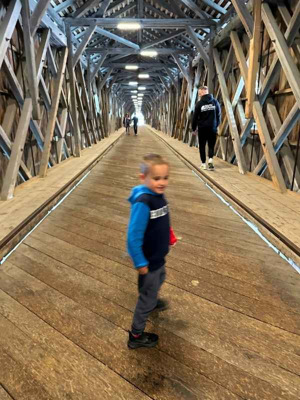 Dřevěný most mezi Švýcarskem a Lichtenštejnskem, na kterém stojí malý chlapec.