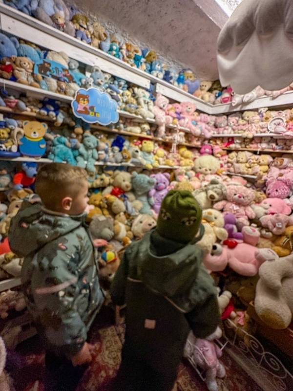 Dva chlapci v místnosti plné barevných plyšových medvídků ve vánočním domě v Karlových Varech.