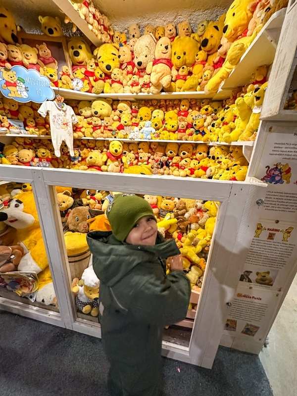 Chlapec v zelené kombinéze stojí v pokoji plném medvídků Pu.