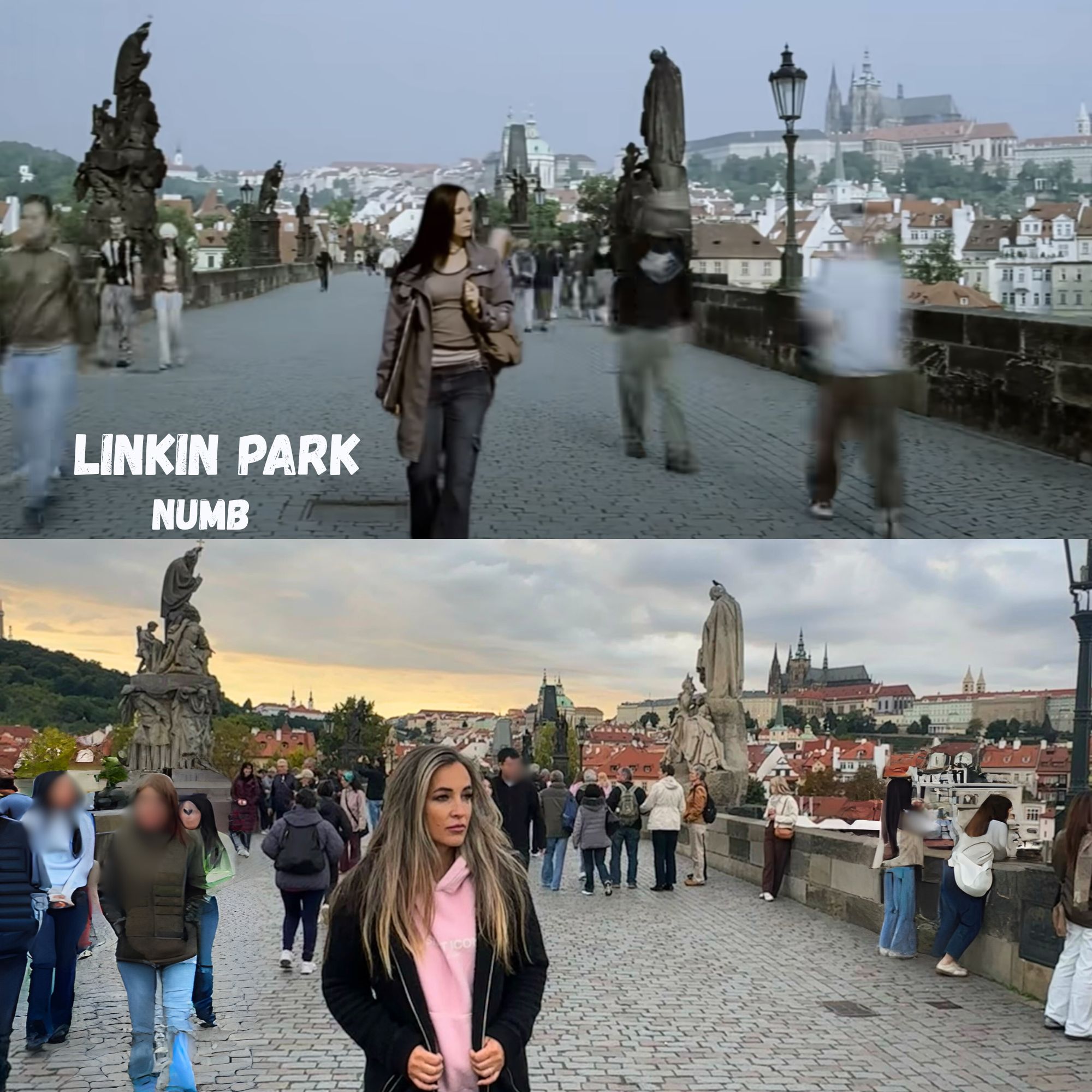 Collage of Linking Park - Numb and woman on the same spot in Prague