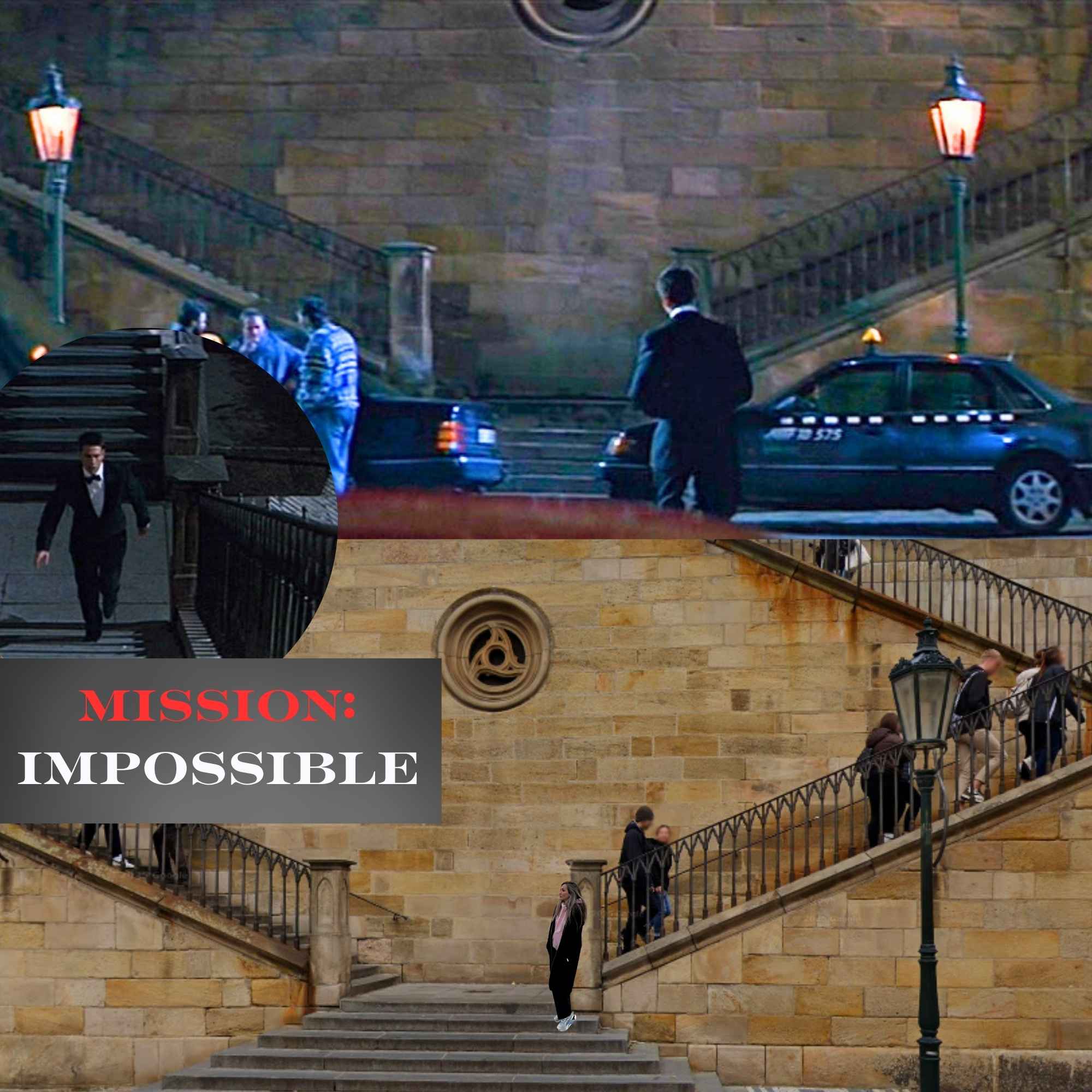 Koláž scén z *Mission: Impossible* a míst v Praze, kde se tyto scény natáčely.