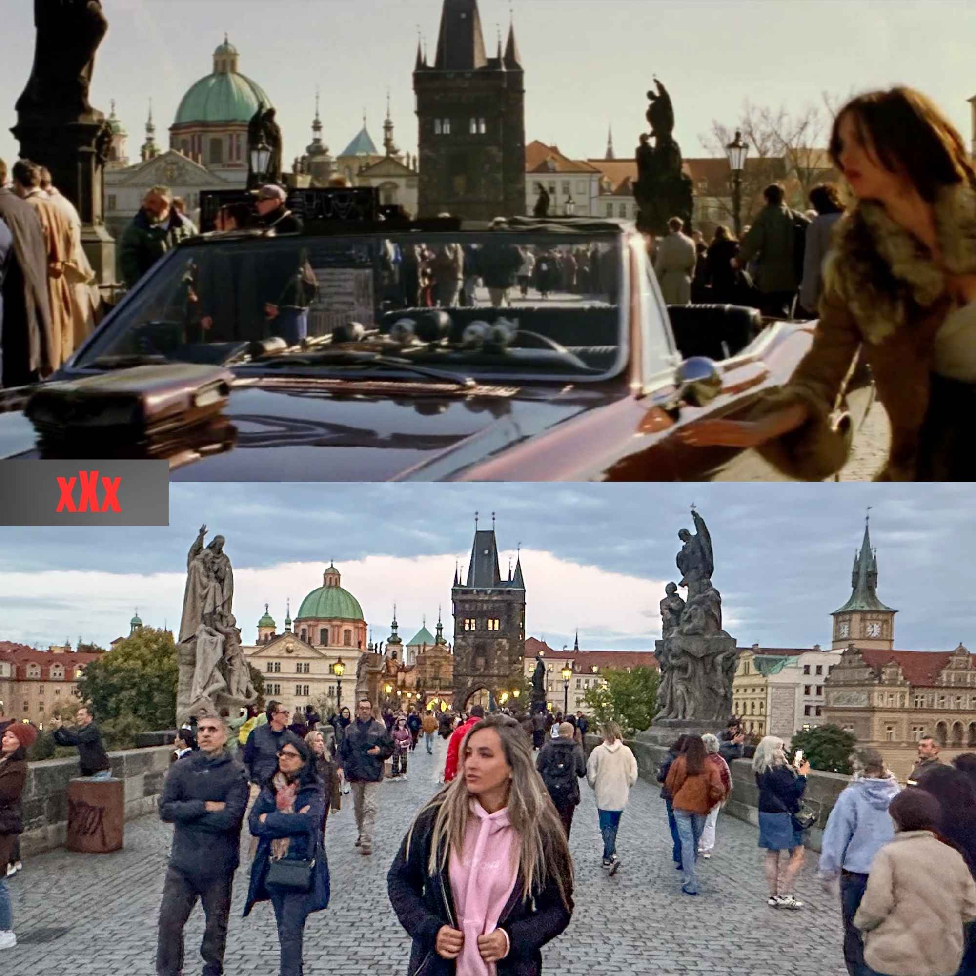 Koláž scén z *Mission: Impossible* a míst v Praze, kde se tyto scény natáčely.