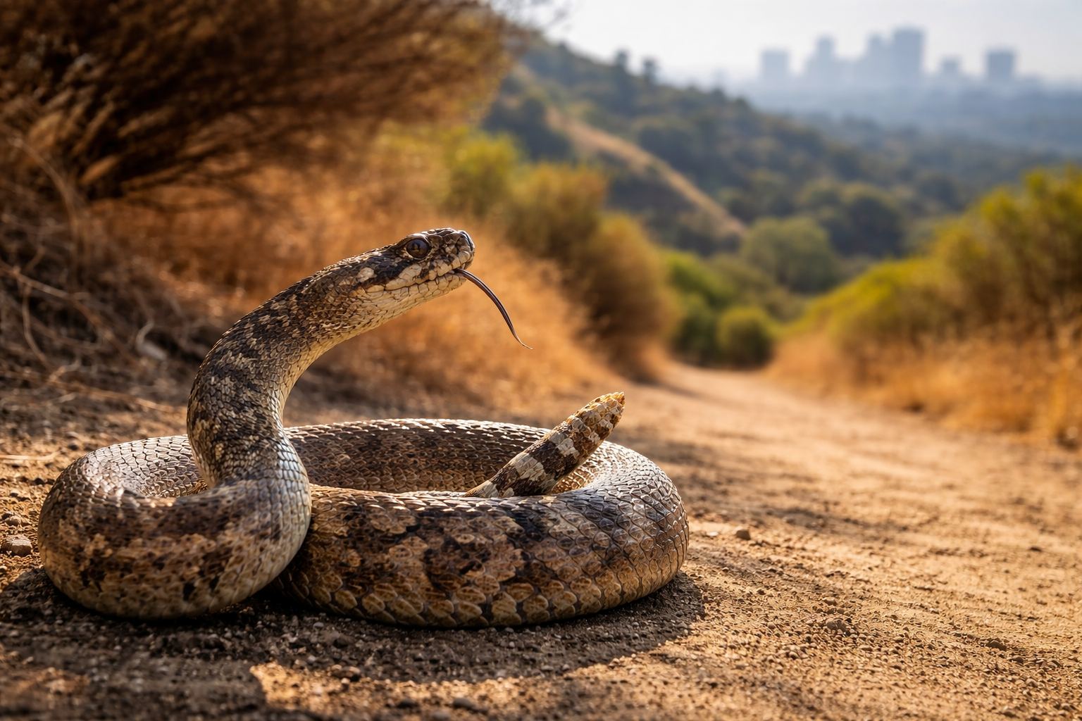 Coiled rattlesnake at sunset